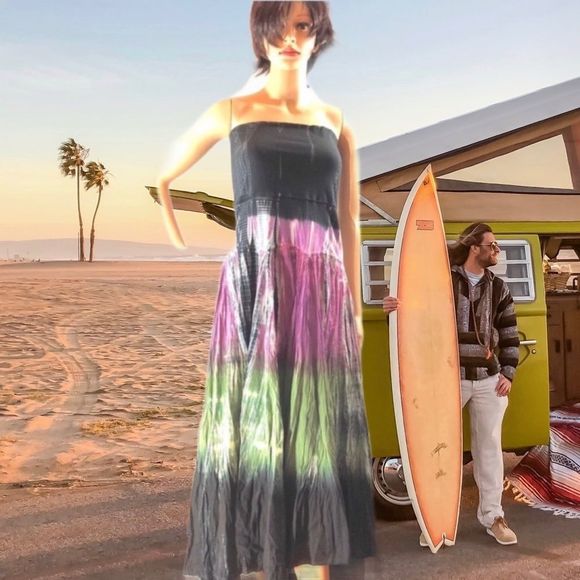 bisou²•boho combo maxi dress & skirt tie dye colorblock - Picture 1 of 5